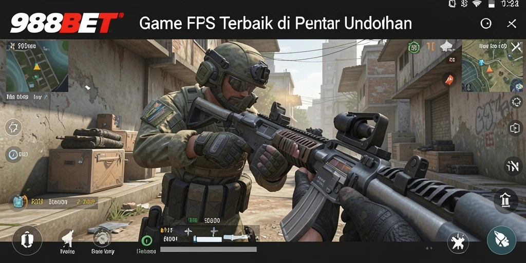 Gambaran aksi mendebarkan dalam gameplay FPS 988BET.