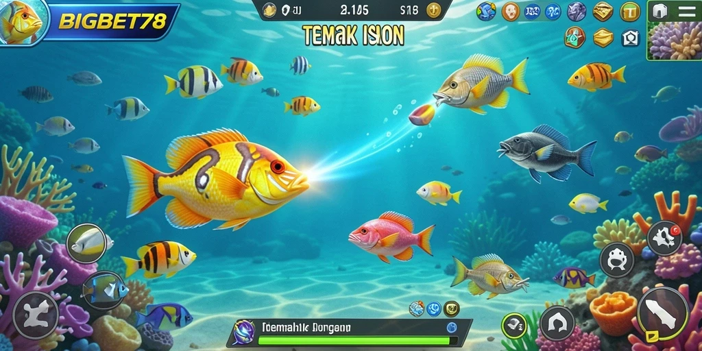 Tampilan gameplay seru dari BIGBET78 dengan banyak ikan untuk ditembak.