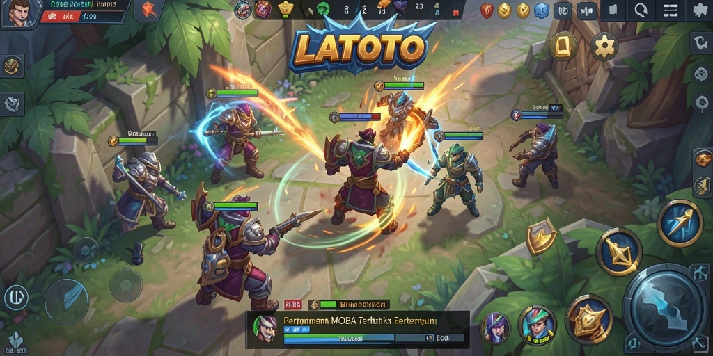 Screenshot utama LATOTO menampilkan aksi ketegangan gameplay MOBA.