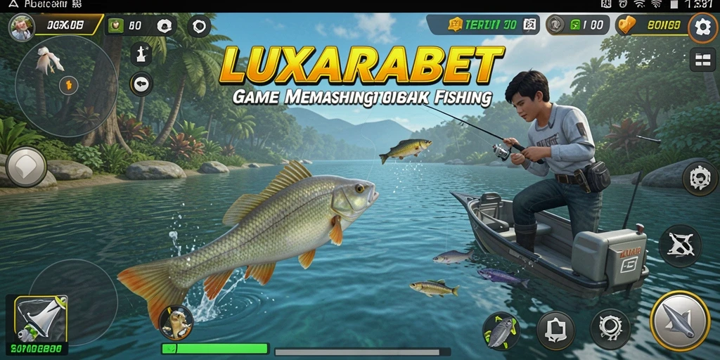 Tampilan gameplay menonjol dengan ikan dan pemandangan laut yang indah.