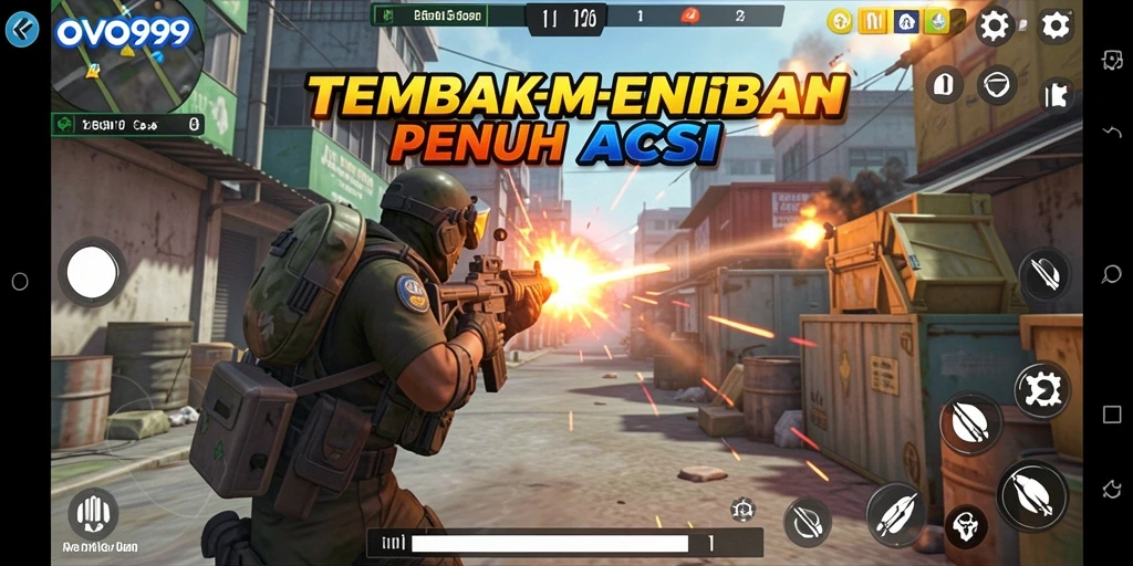 Screenshot gameplay OVO99 menampilkan aksi tembak-menembak yang intens.