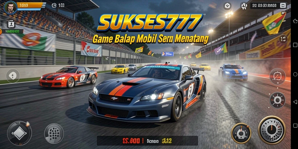 Tampilan gameplay seru dari SUKSES777 dengan mobil balap di lintasan.
